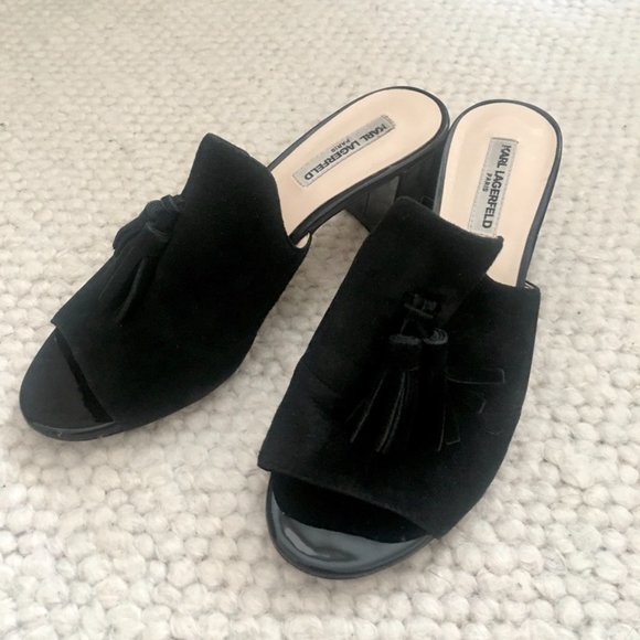 Karl Lagerfeld Paris Hettie Suede Mules sandal heels black 6 - Picture 13 of 15